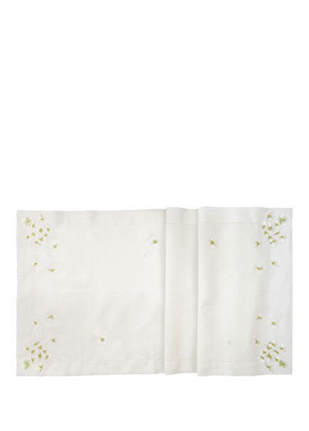 Green Garden Nakışlı Kırık Beyaz Keten Runner 50 x 160 cm