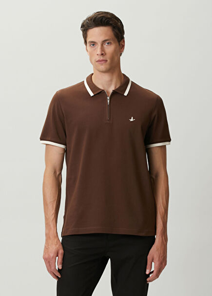 Brown Ecru Polo Zippered T-Shirt