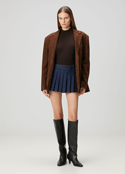 Lacivert Pileli Mini Denim Etek