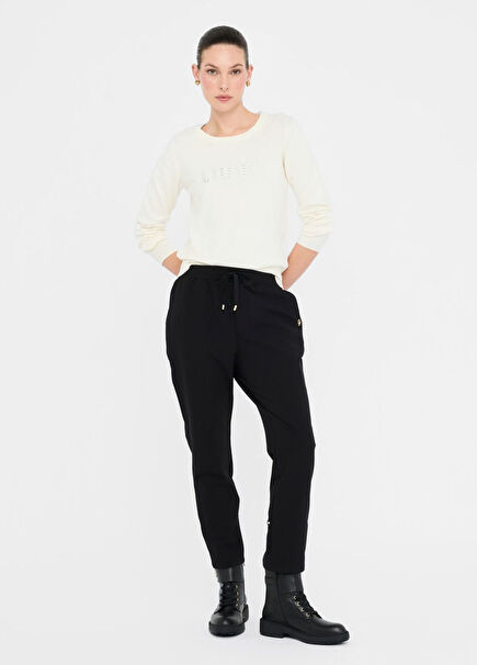 Siyah Paçası İnci Detaylı Lastikli Kadın Kumaş Pantolon