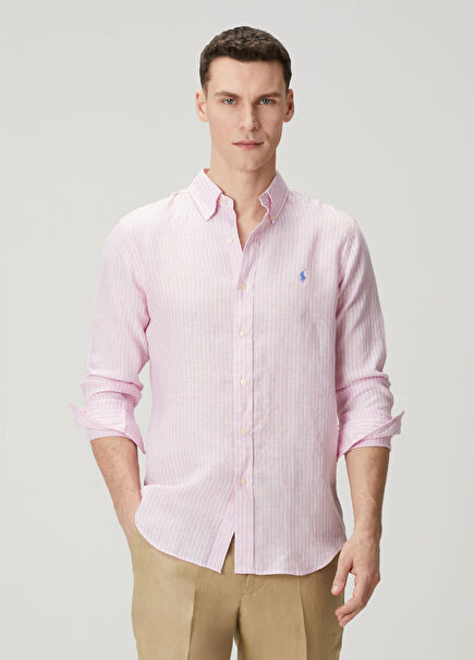 Pink And White Striped Linen Shirt