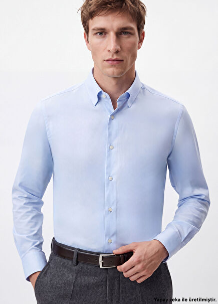 Slim Fit Mavi Armürlü Non-iron Gömlek