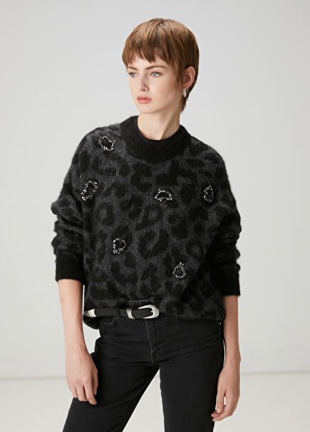 Black Leopard Print Embroidered Sweater