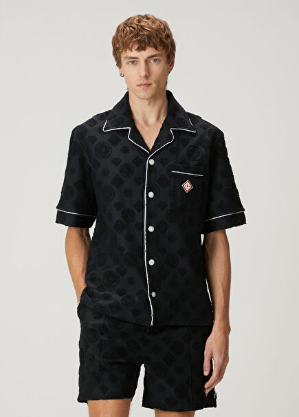 Siyah Logo Desenli Kısa Kollu Towelling Gömlek