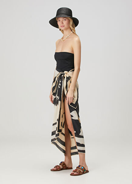 Ecru Black Printed Pareo