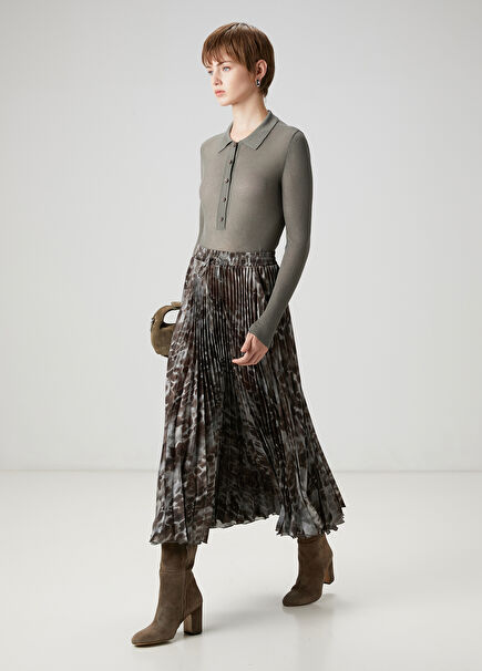 Brown Patterned Pleated Midi Skirt