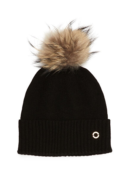 Black Pompom Women's Cashmere Blend Wool Beanie