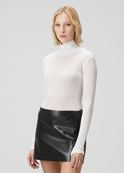 Evren Sheer White Turtleneck Long Sleeve T-Shirt