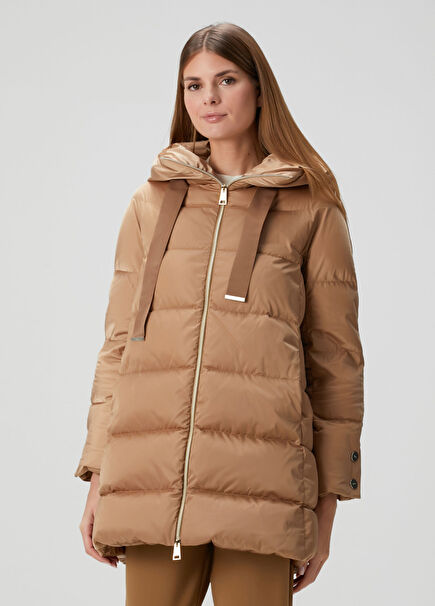 Camel Kapüşonlu Puffer Mont
