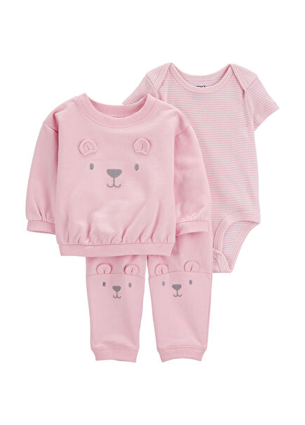 Pembe Ayıcık Figürlü Kazak Zıbın Pantolon Kız Bebek 3'lü Set