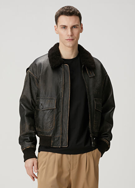 Black Collar Shearling Detail Leather Jacket