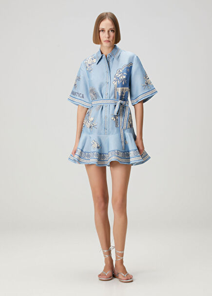 Villa Romantica Mavi Mini Keten Elbise