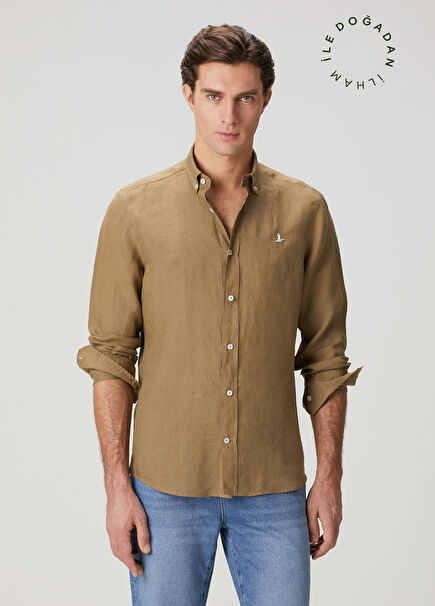 Mink-Khaki Comfort Fit Linen Shirt