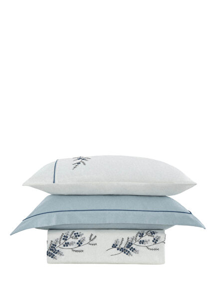 Deep Hand Embroidered Cream Blue Organic Cotton Satin Double Duvet Cover Set 200 x 220 cm