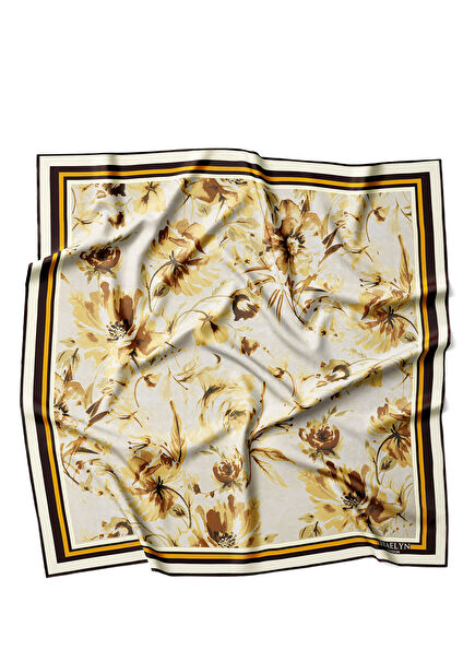 Golden Bloom Renkli Twill İpek Kadın Eşarp 