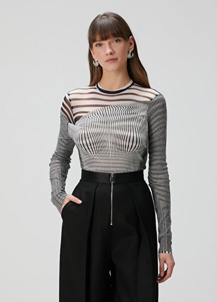 Body Morphing Black Striped Tulle Blouse