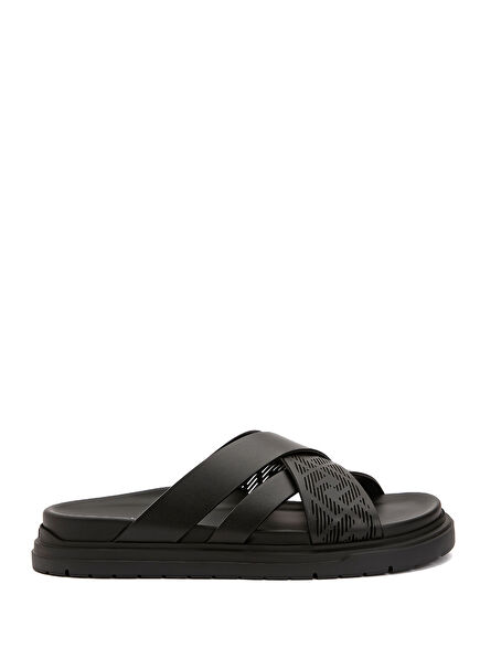 Black Logo Patterned Men's Leather Slippers
