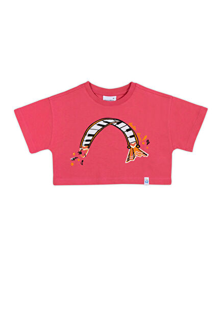 Piano Fish Baskılı Pembe Kısa Kollu Kız Çocuk Crop T-Shirt