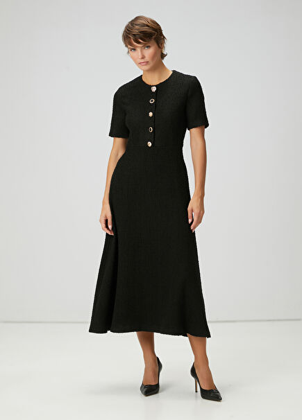 Black Tweed Textured Midi Skirt