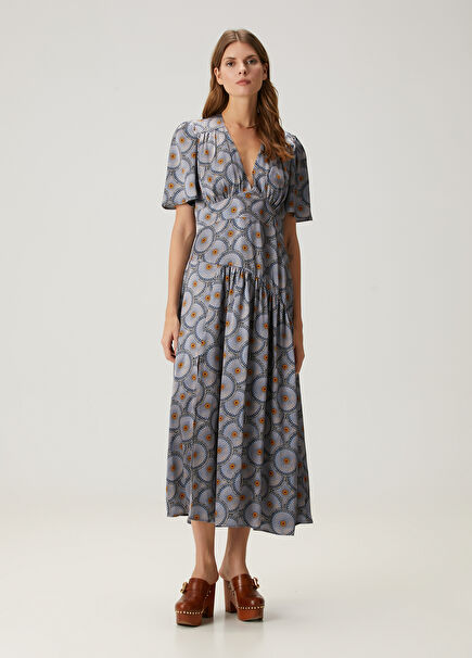 Maira Blue Patterned Midi Silk Dress