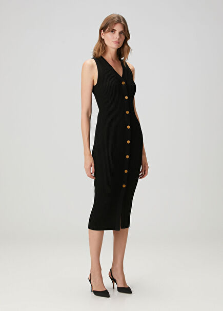 Siyah Ribli Midi Elbise