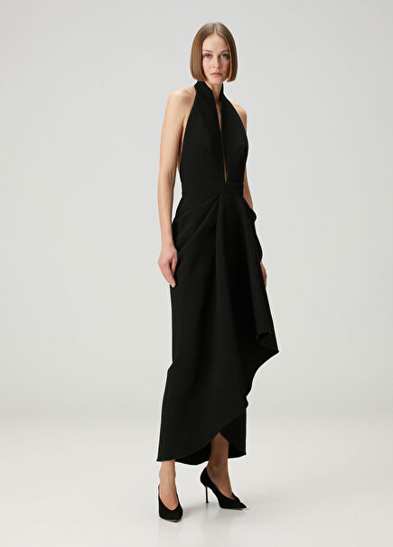 Black Draped Maxi Wool Evening Dress