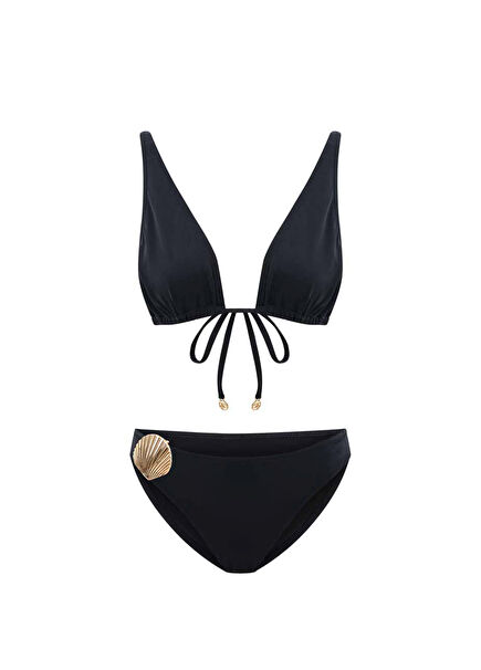 Coralisse Black Gold Seashell V-Neck Triangle Women's Bikini Set with Accessories