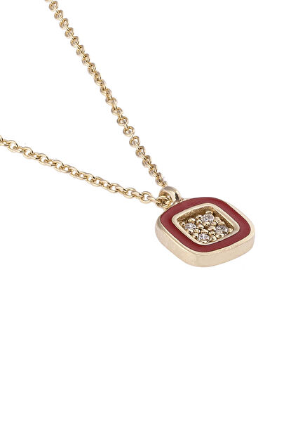 Kare Mineli ve Pırlanta Taşlı 14 Ayar Altın Kadın Kolye