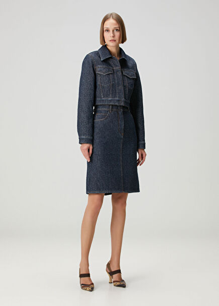 Lacivert Logo Motifli Midi Denim Etek