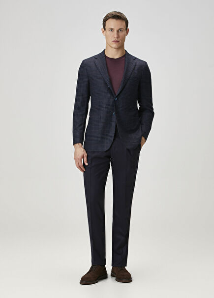 Navy Blue Pleated Wool Pants