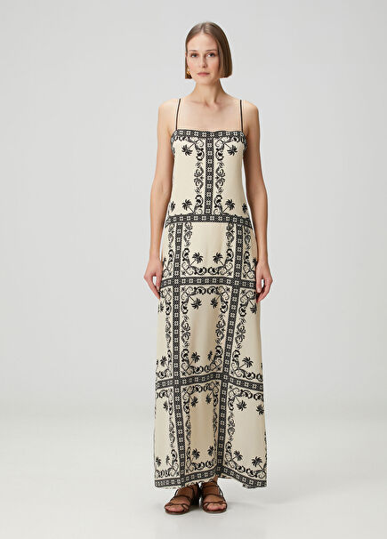 Reinvention Ecru Black Patterned Midi Silk Dress