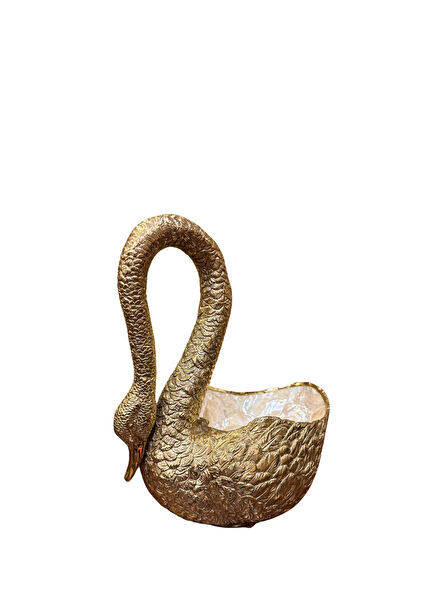 Golden Brass Decorative Bowl with Pearlescent Inside with Swan Figure