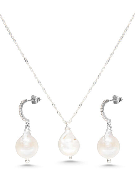 Claudia İnci 925 Ayar Gümüş Kadın Küpe ve Kolye Seti