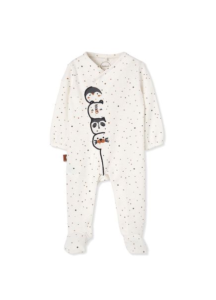 Beyaz Hayvan Desenli Pamuklu Patikli Unisex Bebek Tulum 