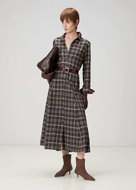Grey Plaid Midi Dress