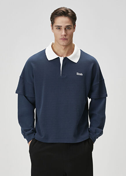 Navy Blue White Polo Sweatshirt