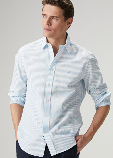 Comfort Fit Mavi Beyaz Çizgili Gömlek