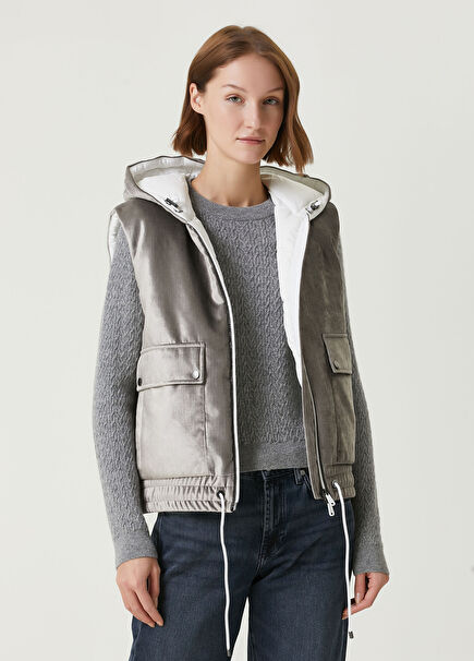 Grey Hooded Velvet Vest