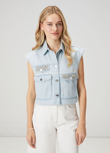 Light Blue Asymmetrical Crystal Detailed Denim Jac