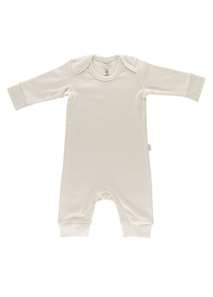 Beige Organic Cotton Cuffed Long Sleeve Unisex Baby Jumpsuit Without Booties