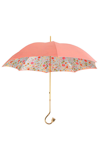 Pembe Çiçek Desenli Pirinç Saplı Manuel Şemsiye