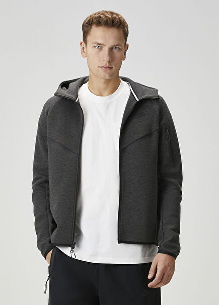 Tech Siyah Kapüşonlu Fleece Sweatshirt