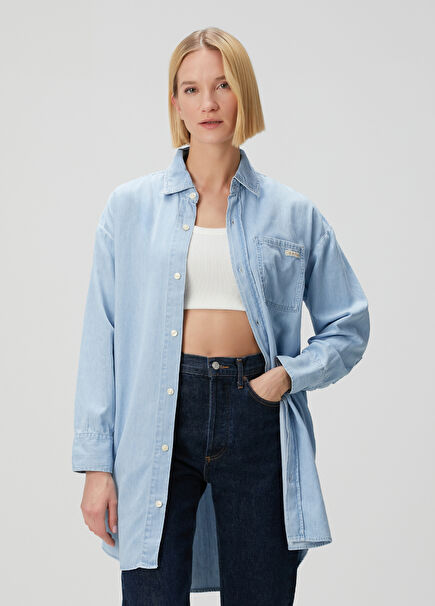 Loose Fit Blue Mini Denim Shirt Dress