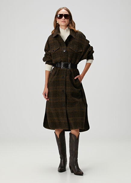 Gislene Haki Ekoseli Yün Palto