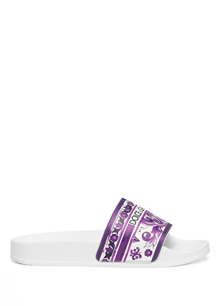 White Purple Patterned Girls Leather Beach Slipper