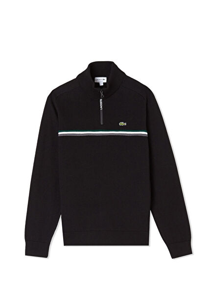 Siyah Çizgili Yarım Fermuarlı Classic Fit Uzun Kollu Erkek Kazak