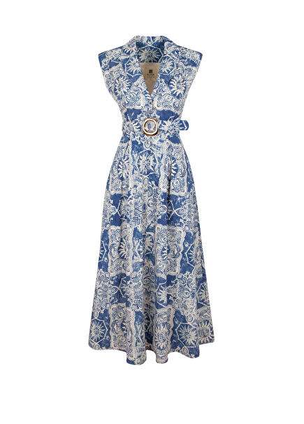 Pedro Ethnic Patterned Blue Sleeveless Women's Long Dress