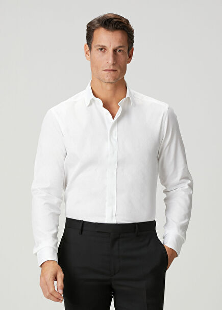 White Jacquard Tuxedo Shirt