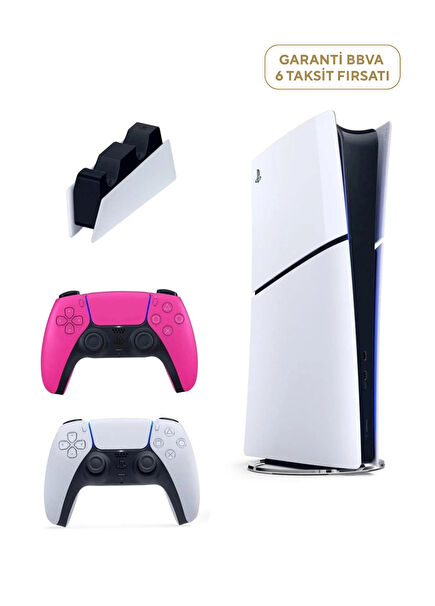 PlayStation 5 Slim Digital Edition Oyun Konsolu + 2. PS5 Kol Pembe + PS5 Şarj İstasyonu
