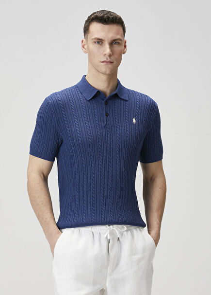 Navy Blue Polo Knitted Textured T-Shirt